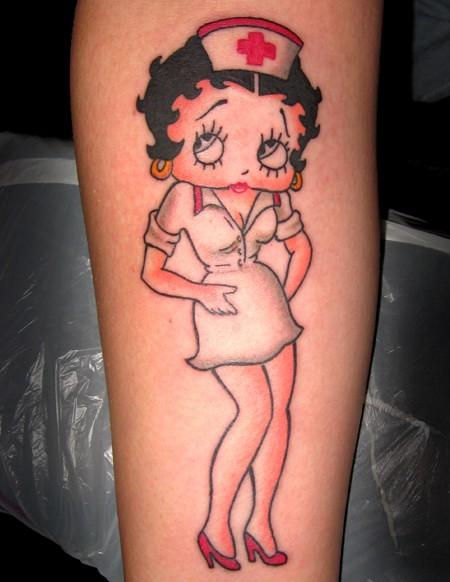 Black And White Nurse Betty Boop Tattoo On Arm
