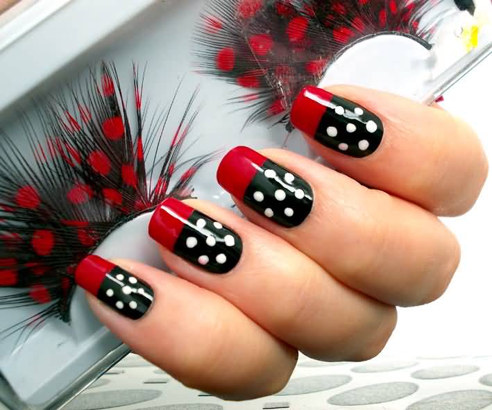 Black And White Polka Dots Flower Design With Red Tip Nail Art