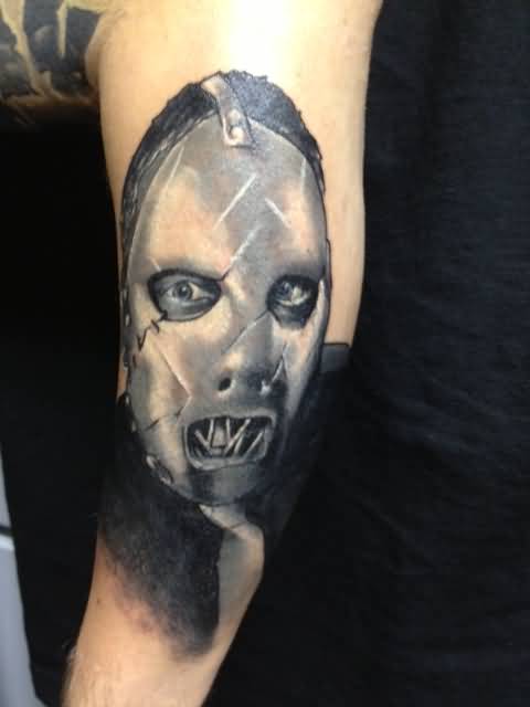 Black And White Slipknot Face Portrait Tattoo On Sleeve