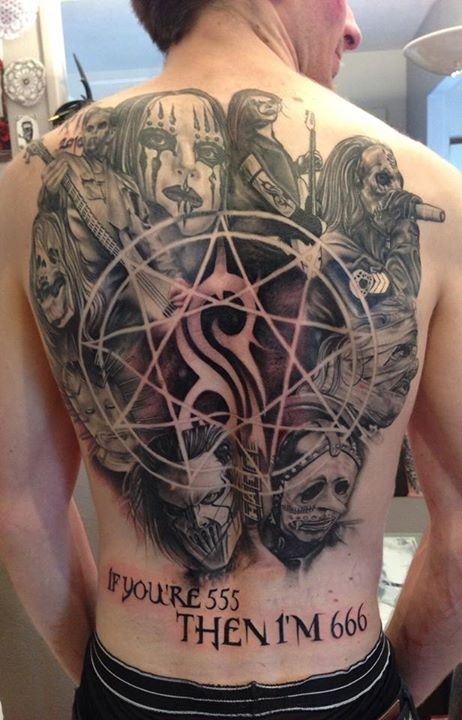 Black And White Slipknot Members With Logo And Star Tattoo On Full Back