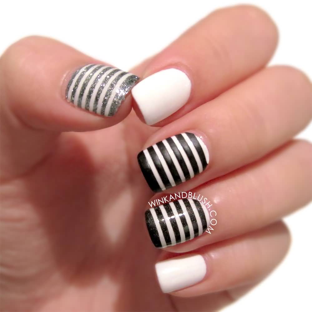 Black And White Stripes Design Nail Art