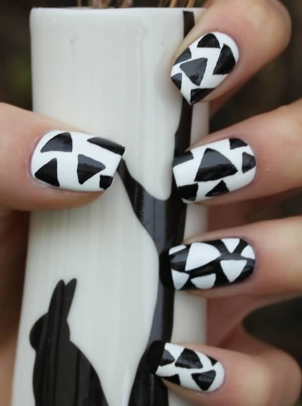 Black And White Triangles Patchwork Design Nail Art