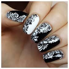 Black And White Winter Flowers Nail Art Design