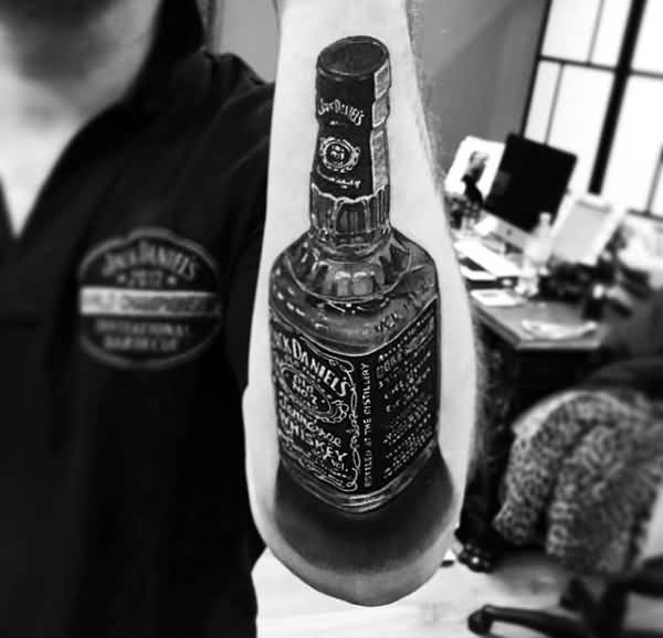 Black Color Jack Daniel Bottle Tattoo On Arm Sleeve