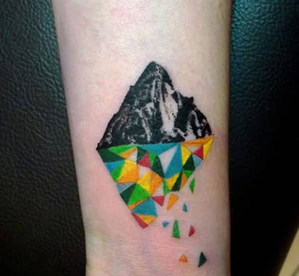 Black Color Small Mountains With Colorful Geometric Reflection Tattoo On Arm Sleeve