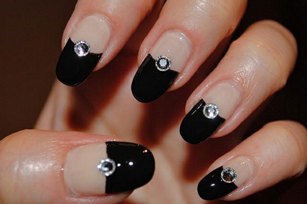 Black French Tip Nail Art With Rhinestones Design