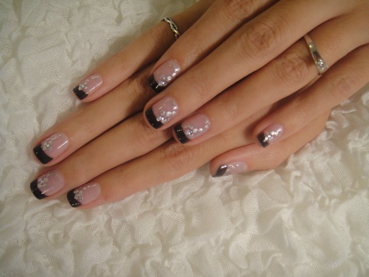 Black French Tip Nail Art With Silver Polka Dots Flowers Design Idea
