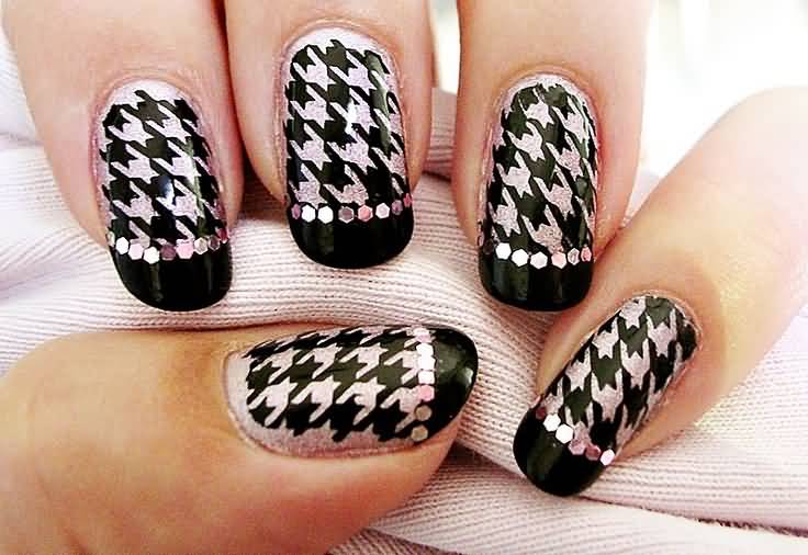 Black French Tip Nails With Houndstooth Nail Art