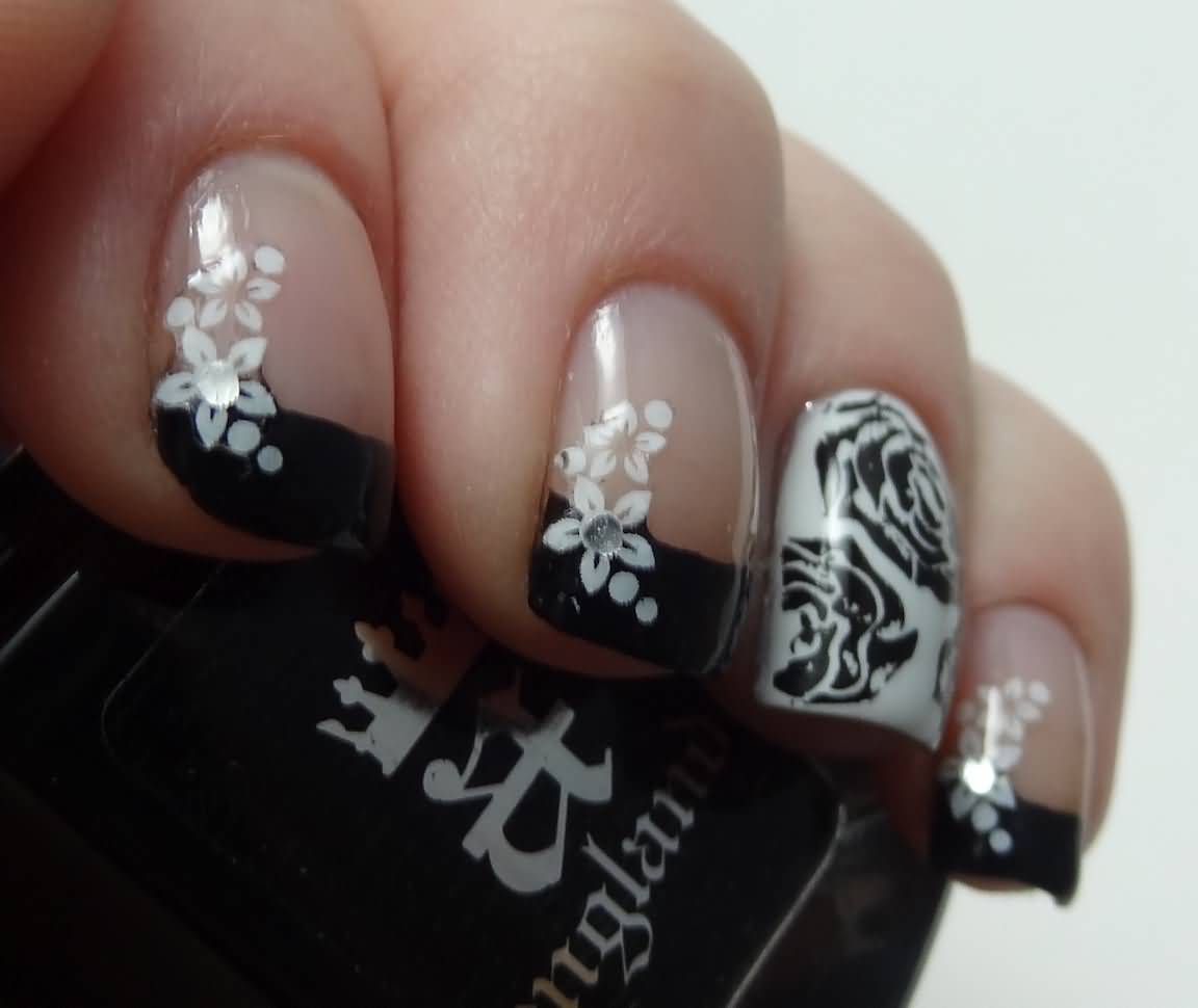 Black French Tip Nails With White Flowers Nail Art