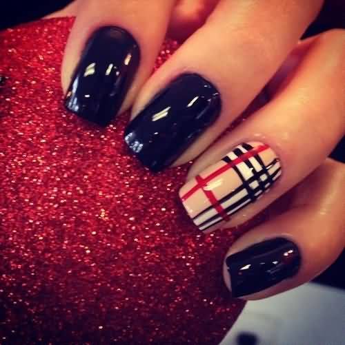 Black Glossy Nails With Accent Burberry Nail Art