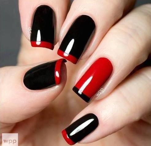 Black Glossy Nails With Red Tip Nail Art