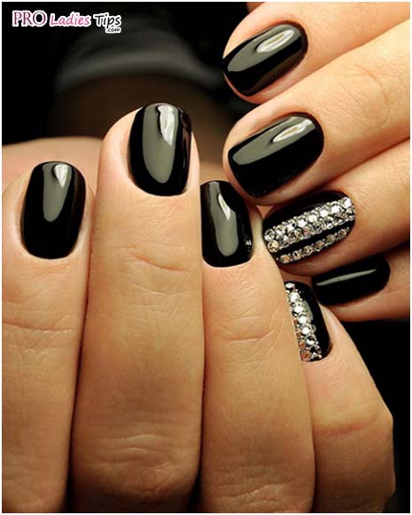 Black Glossy Nails With Silver Studs Nail Art