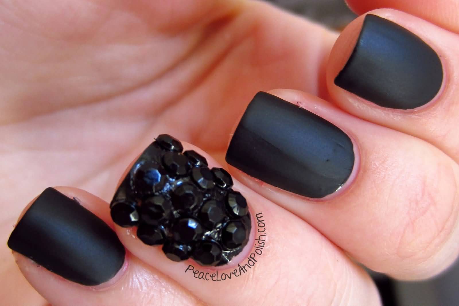 Black Matte Nail Art With Caviar Beads Design