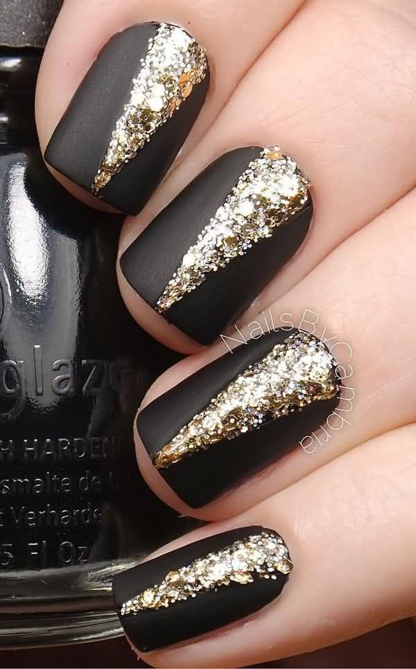 Black Matte Nail Art With Gold Glitter Design