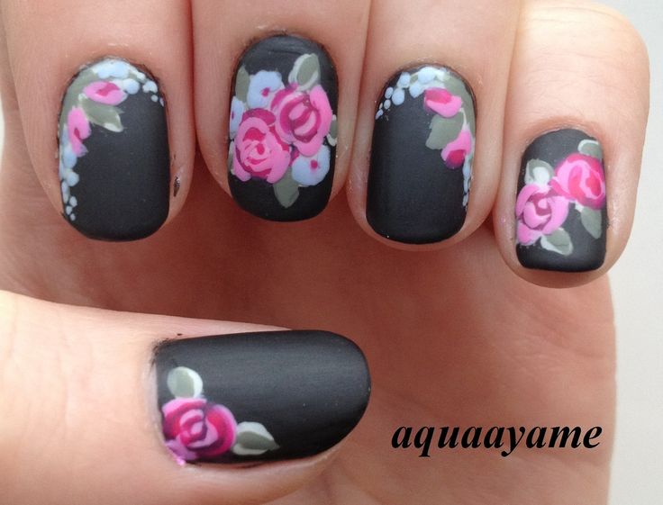 Black Matte Nail Art With Pink Flowers Design
