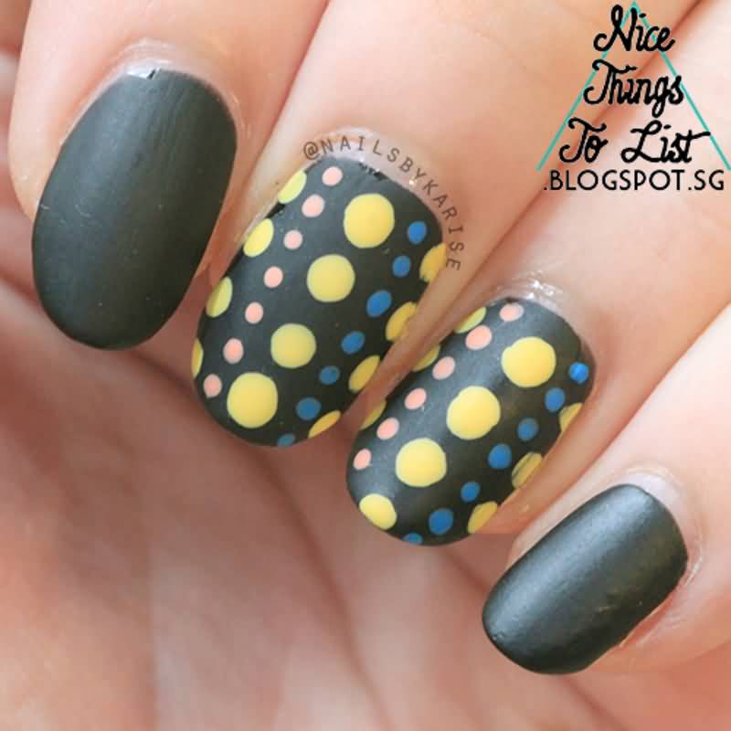 Black Matte Nail Art With Yellow, Pink And Blue Polka Dots Nail Art