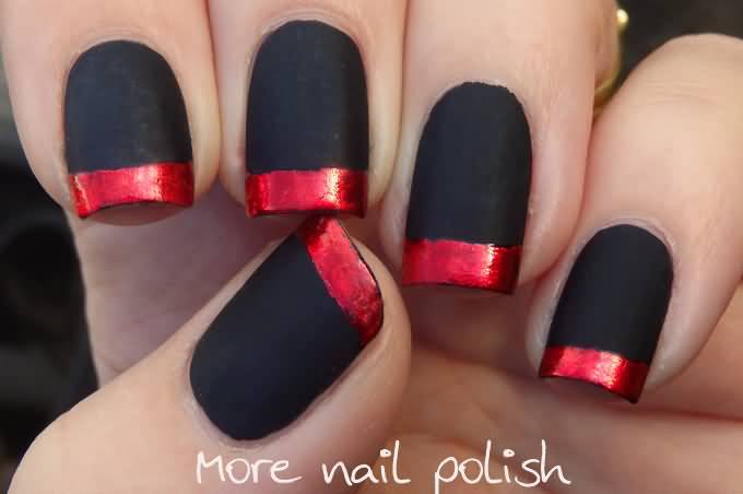 Black Matte Nails Art With Red French Tip Design