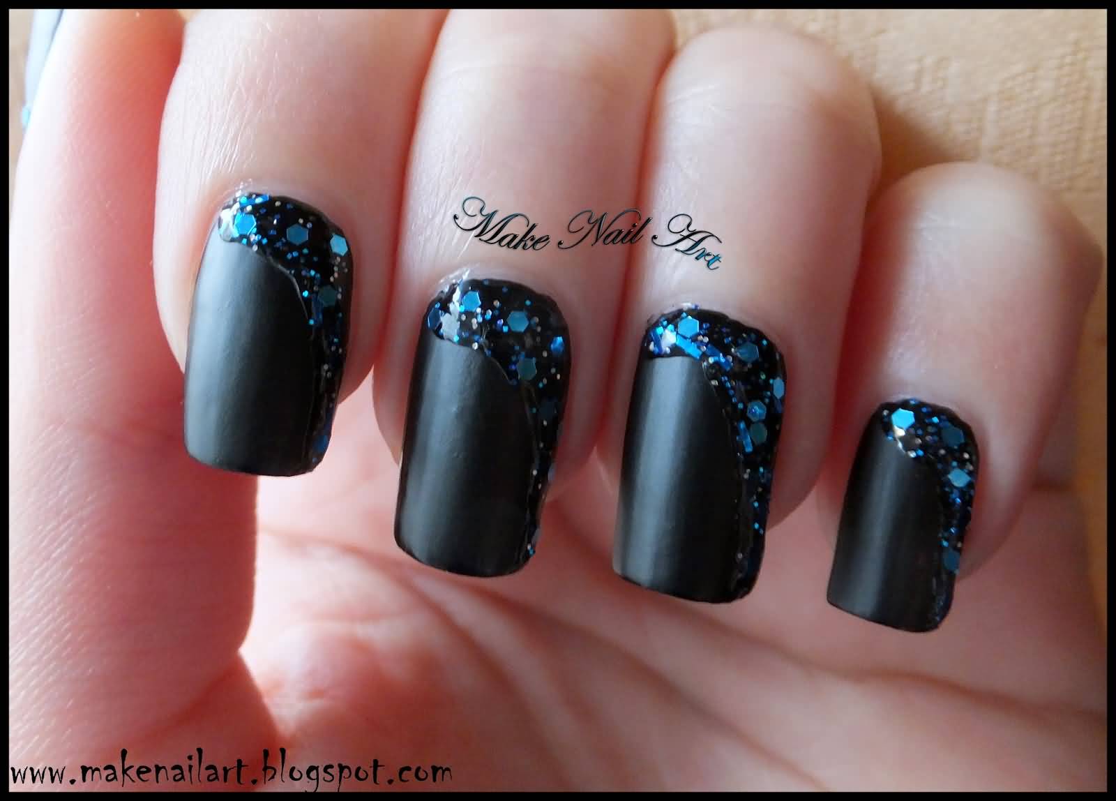 Black Matte Nails With Blue Glitter Design