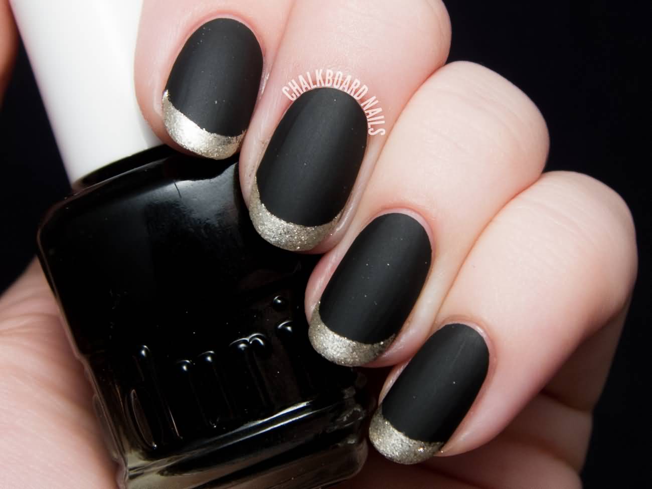 Black Matte Nails With Gold French Tip Design