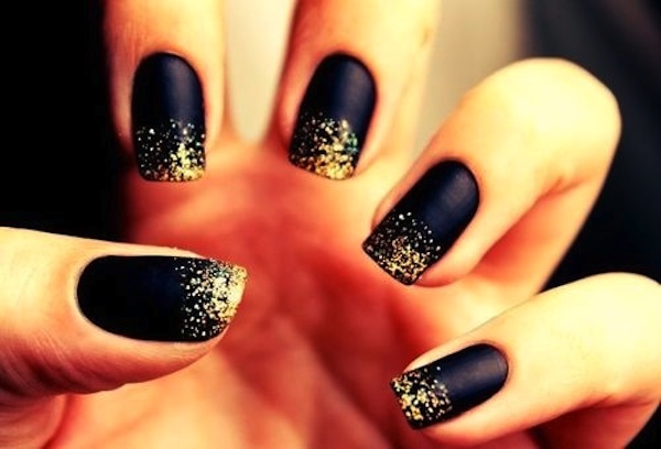 Black Matte Nails With Gold Glitter French Tip Design