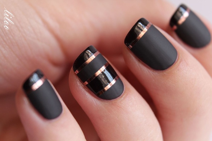 Black Matte Nails With Gold Stripes Design Nail Art