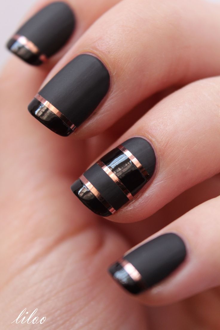 Black Matte Nails With Gold Stripes Nail Art