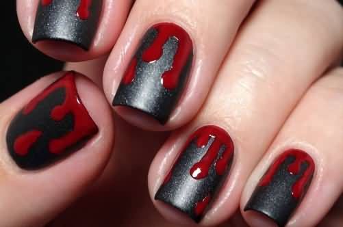 Black Matte Nails With Red Melted Blood Design Nail Art