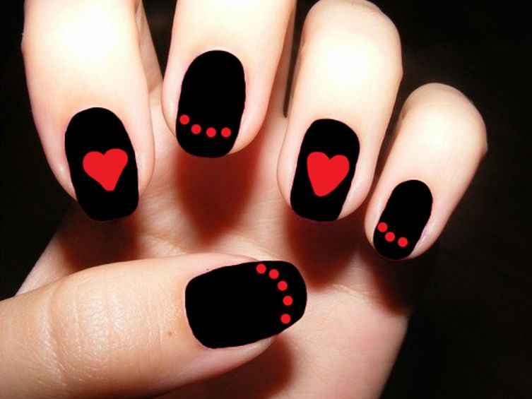 Black Matte Nails With Red Polka Dots And Heart Design Nail Art