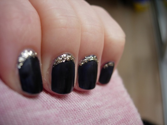 Black Matte Nails With Reverse French Tip Silver Glitter Nail Design