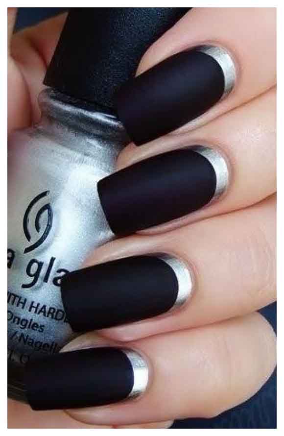 Black Matte Nails With Silver Reverse French Tip Design