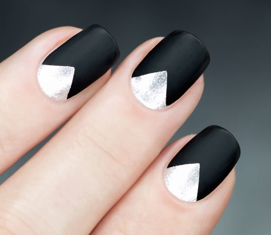 Black Matte Nails With Silver Reverse French Tip Nail Art