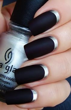 Black Matte Nails With Silver Reverse French Tip Nail Design