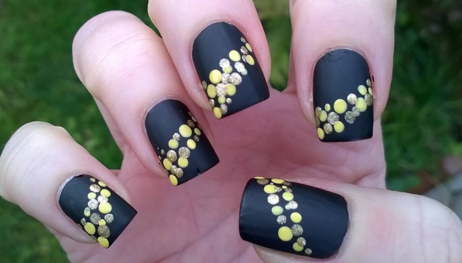 Black Matte Nails With Yellow And Gold Glitter Polka Dots Nail Art
