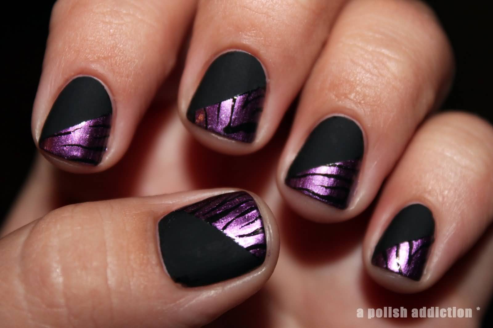 Black Matte Short Nails With Purple Design Nail Art
