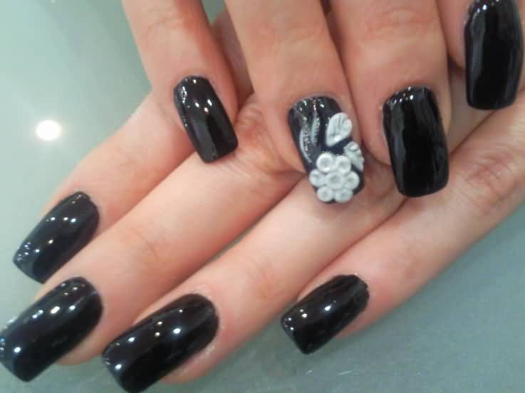 Black Nails With Accent White 3d Flower Nail Art