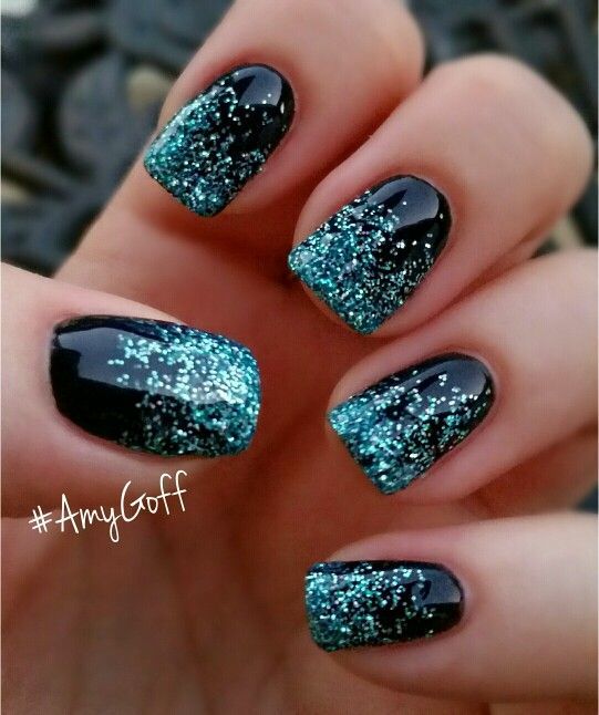 Black Nails With Blue Glitter Nail Art