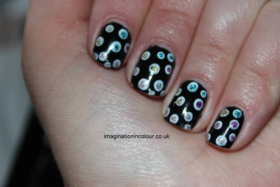 Black Nails With Blue Polka Dots Nail Art Design