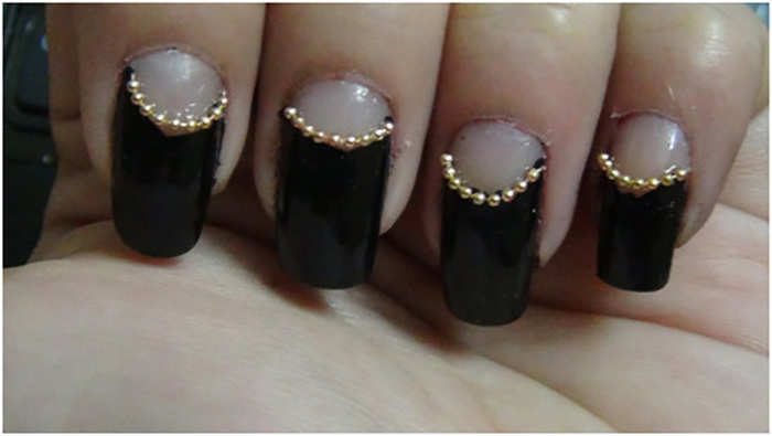 Black Nails With Caviar Beads Reverse French Tip Nail Art