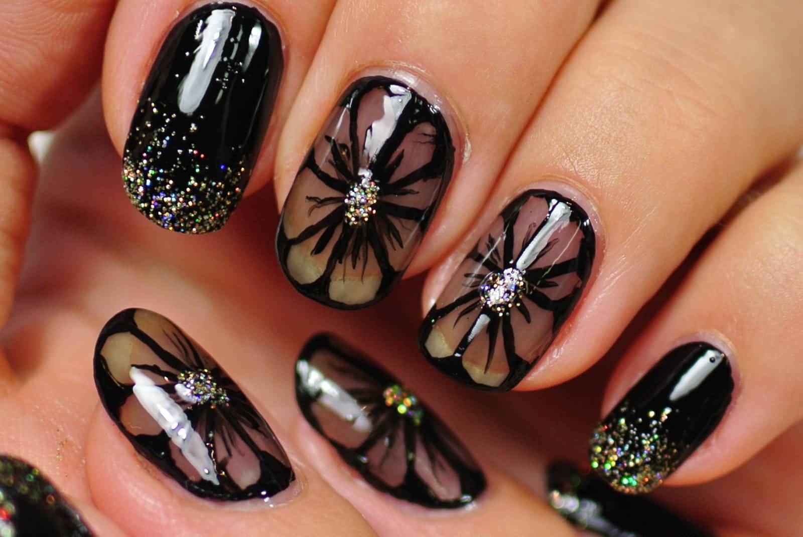 Black Nails With Flowers Nail Art Design