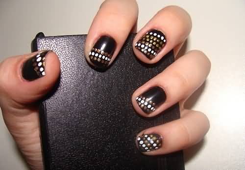 Black Nails With Gold And White Polka Dots Nail Art