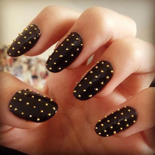 Black Nails With Gold Caviar Beads Design Nail Art