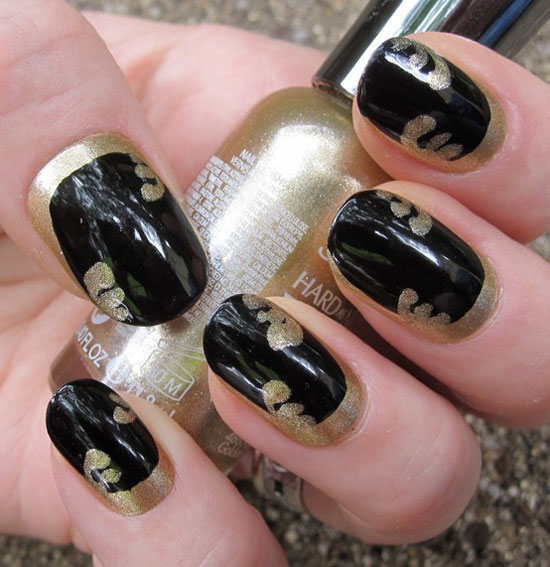 Black Nails With Gold Design Nail Art