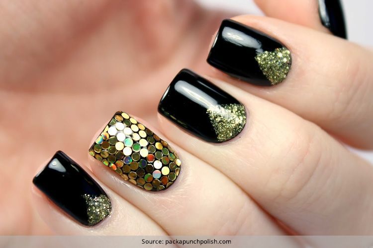 Black Nails With Gold Glitter Chevron Nail Art