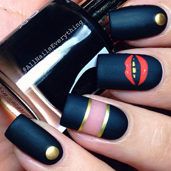 Black Nails With Gold Stripes And Caviar Beads And Lipstick Mark Design