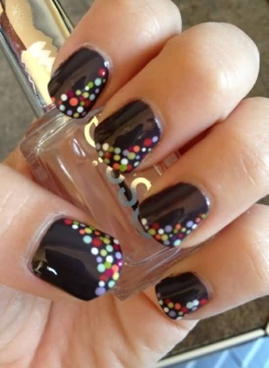 Black Nails With Multicolored Polka Dots Nail Art