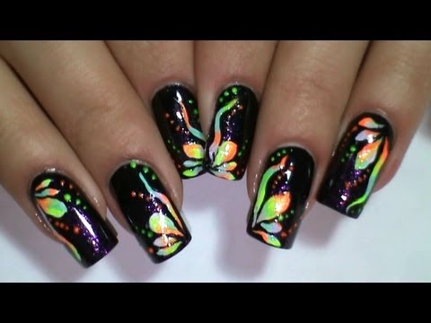 Black Nails With Neon Flowers Design Nail Art