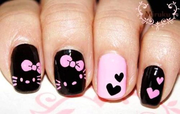 Black Nails With Pink Bow And Heart Nail Art
