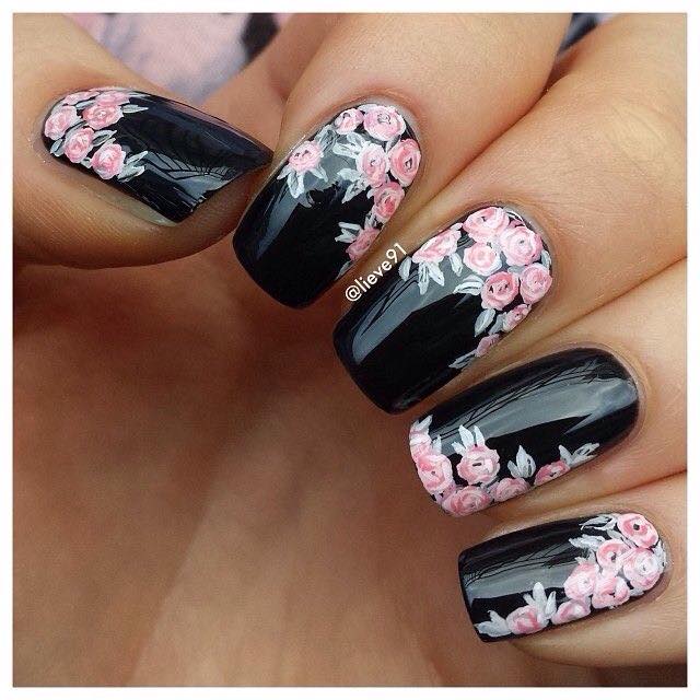 Black Nails With Pink Flowers Nail Art Design