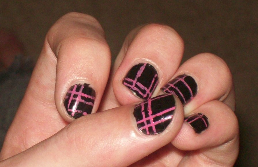 Black Nails With Pink Stripes Design Nail Art