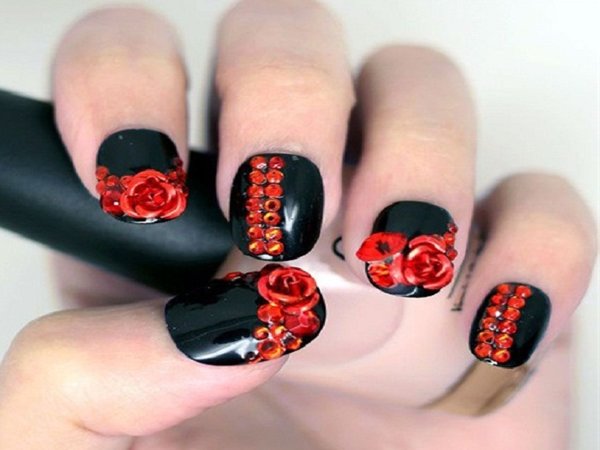Black Nails With Red Rose Flowers Nail Art